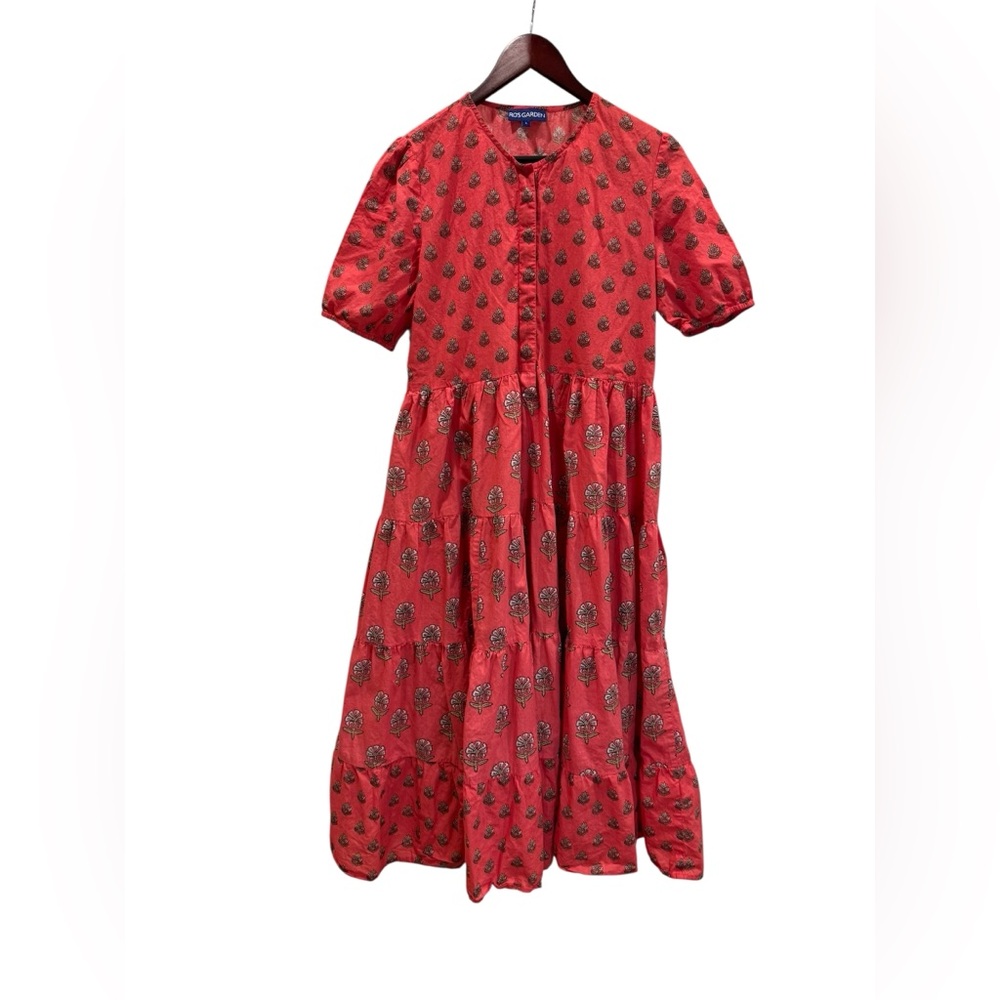 Ro's Garden Women Coral Pink Floral Tiered Cotton‎ Midi Dress Short Sleeve L
